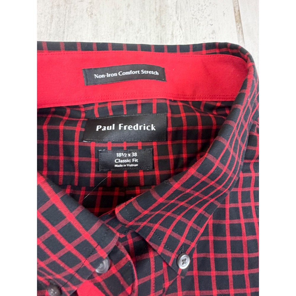Paul Fredrick Mens Non-Iron Comfort Stretch Shirt Red Black Grid Check 18.5 x 38 - Picture 2 of 5